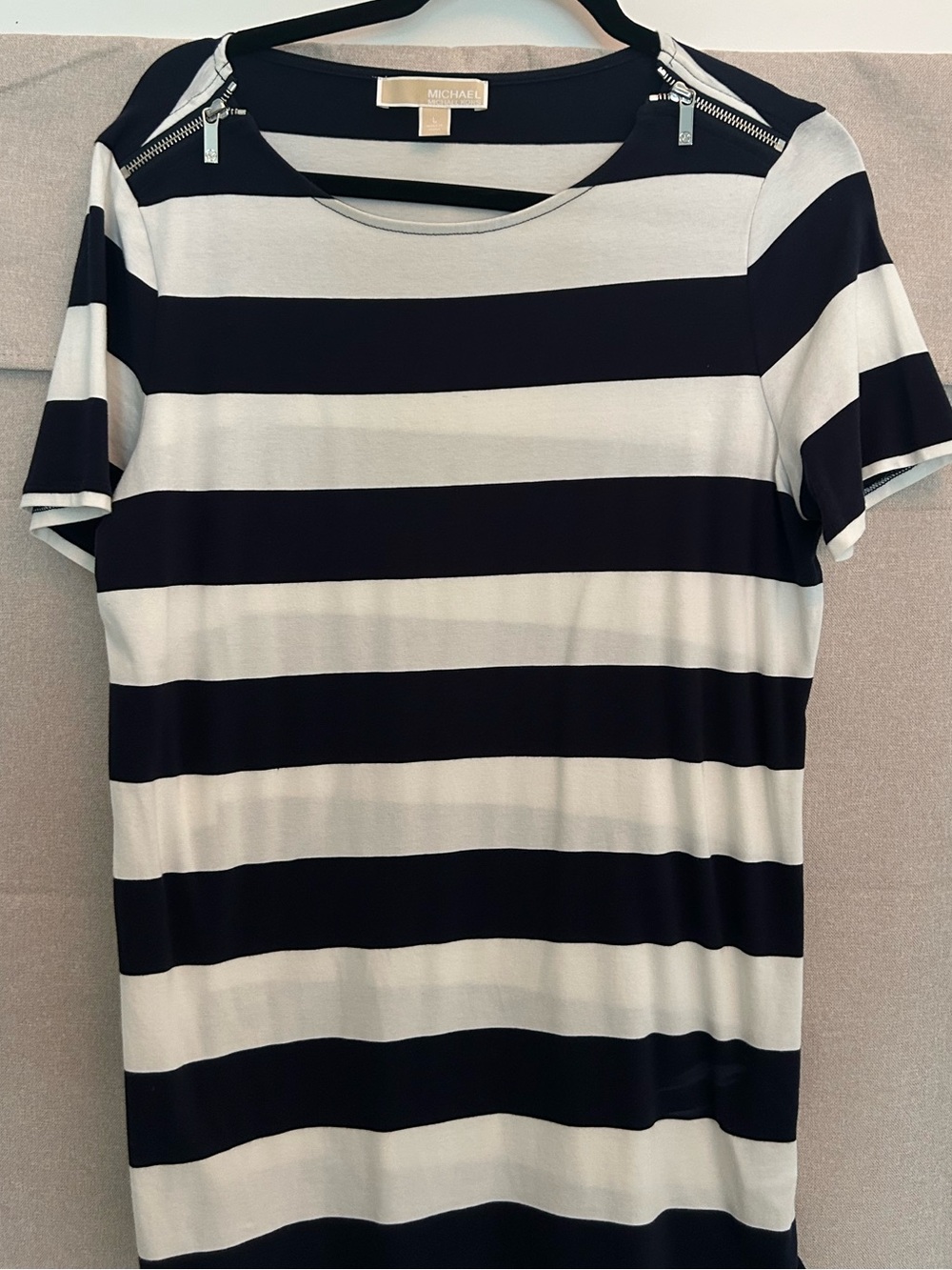 Michael Kors Black & White Striped Short Sleeve Tee with Shoulder Zippers